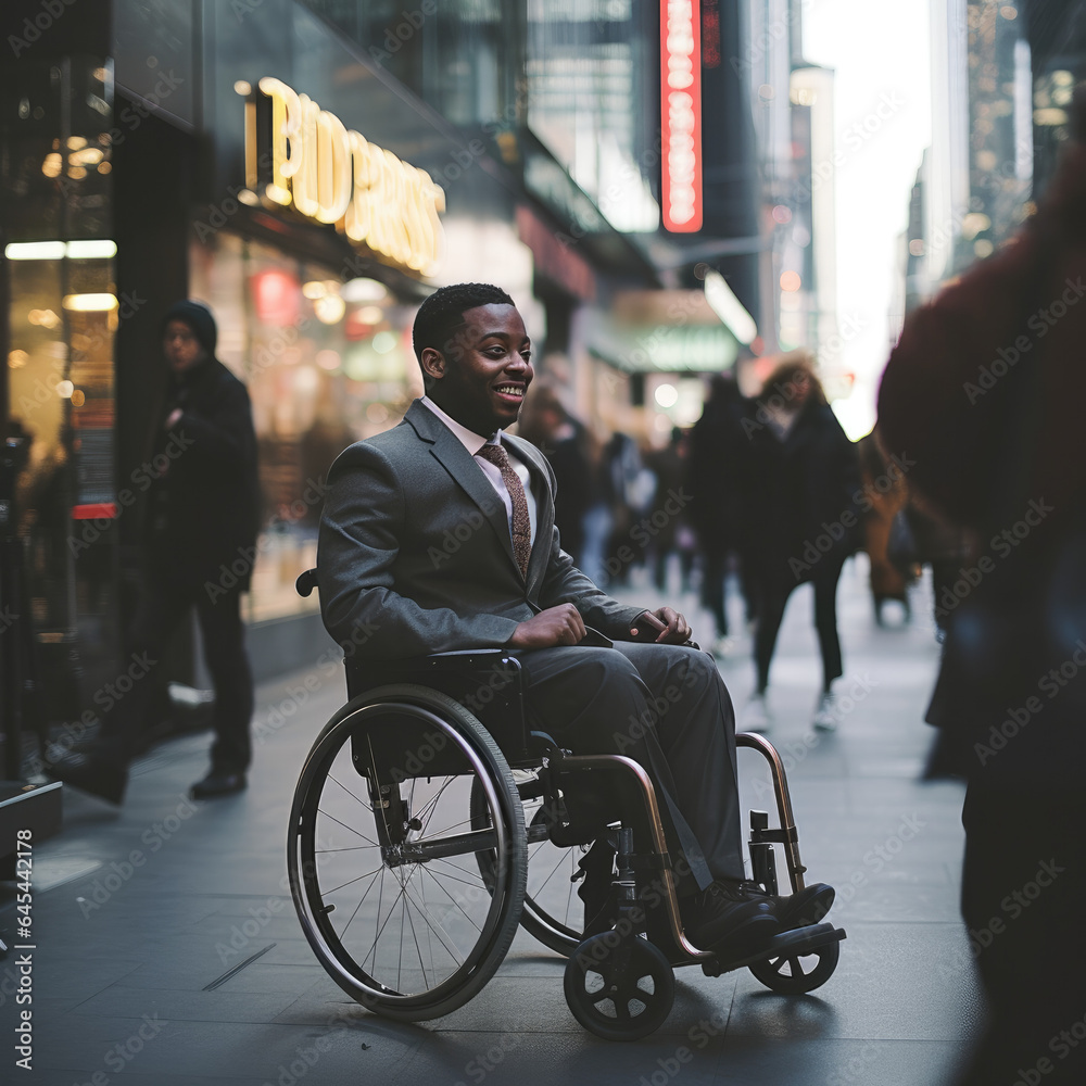 A confident Black man in a wheelchair navigates through a bustling city environment. Ideal for themes of accessibility, empowerment, and urban life. A confident Black man in a wheelchair navigates through a bustling city environment. Ideal for themes of accessibility, empowerment, and urban life.