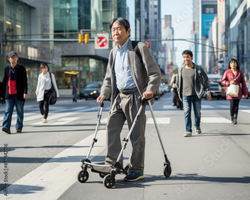 An elderly Japanese man with mobility issues confidently navigates the city using a mobility device. Ideal for themes of aging, accessibility, and urban resilience.