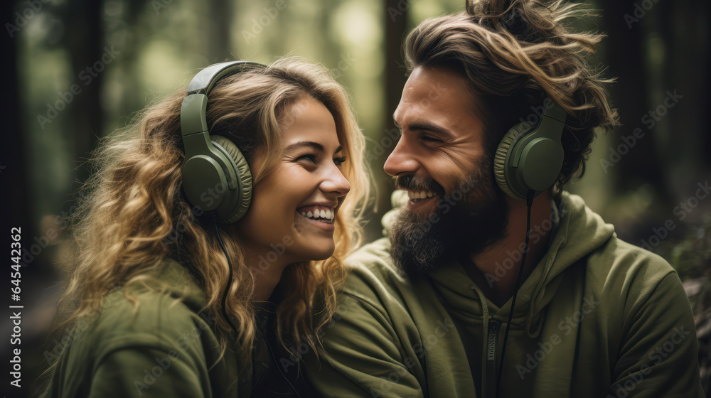 Two happy young people with headphones in forest, AI Generated Two happy young people with headphones in forest, AI Generated
