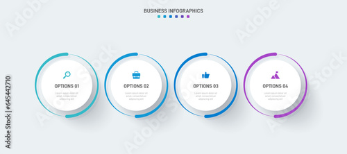 Timeline infographic with infochart. Modern presentation template with 4 spets for business process. Website template on white background for concept modern design. Horizontal layout.