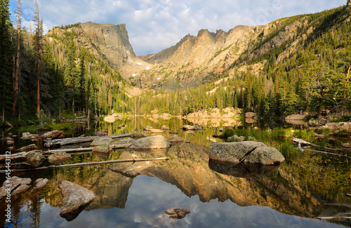 Sunrise at Dream Lake of Rocky Mountain National Park, Colorado. The lake is a high alpine lake at the base of Hallett Peak and access is via the Bear Lake trail head.