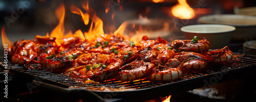 A close-up shot capturing the sizzling flames and aromatic steam as skilled chefs prepare mouthwatering seafood delicacies 