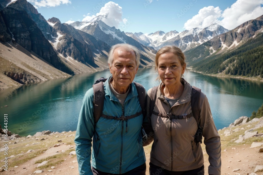 Active senior caucasian couple hiking in stunning mountains, enjoying their adventure.