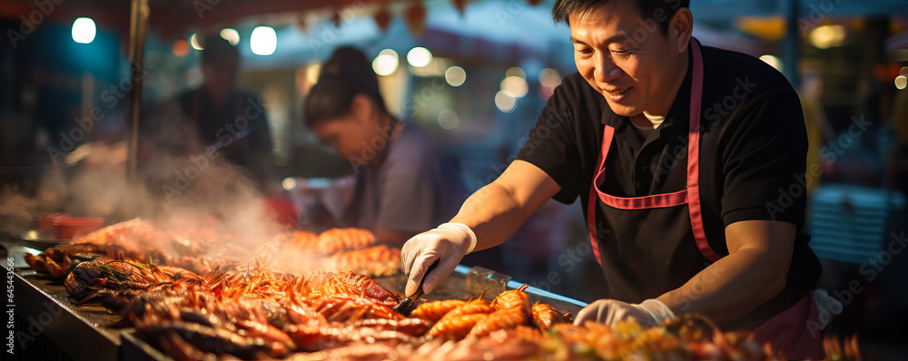 Chefs skillfully steam a variety of mouthwatering seafood dishes filling the air with tantalizing aromas at a lively seaside market 