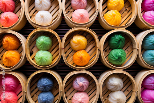 A vibrant collage of colorful bamboo steamers capturing the essence of the traditional dim sum cooking process  © fotogurmespb