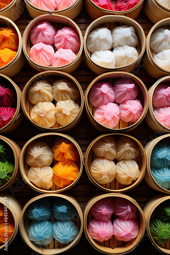 A vibrant collage of colorful bamboo steamers capturing the essence of the traditional dim sum cooking process 