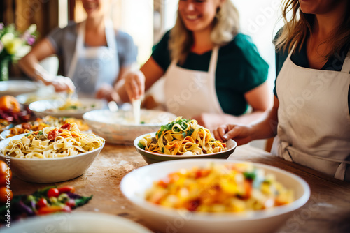Twirling forks and smiling faces gather around a table adorned with colorful bowls of steaming homemade pasta 