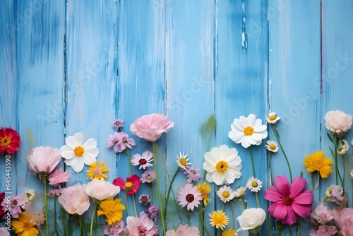 Flowers on blue wooden table background.