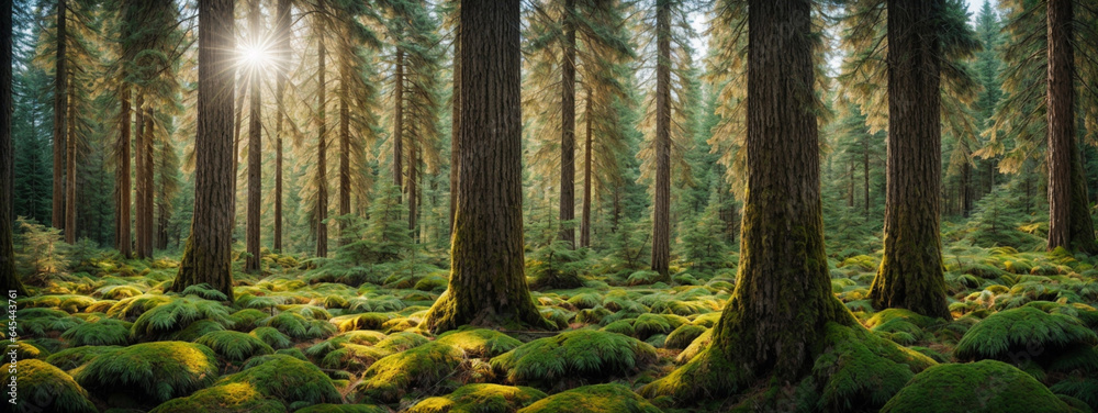 Obraz na płótnie Healthy green trees in a forest of old spruce, fir and pine w salonie