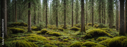 Healthy green trees in a forest of old spruce, fir and pine photo