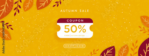 Autumn Sale Online Voucher Banner on orange fall-patterned background of doodled leaves, maple, pumpkin, acorns and a frame of leaves. 50% off coupon with code space and shop now button. Vector.