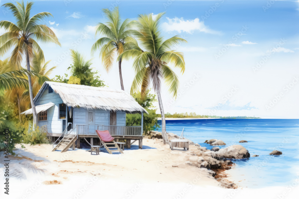 Bungalow or beach hut on tropical island, summer shack, wooden house on piles with terrace, palm trees and ocean landscape. Wooden villa with thatch roof in paradise