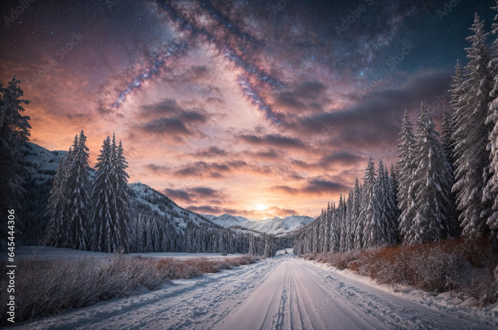 Road leading towards colorful sunrise between snow covered trees with epic milky way on the sky Road leading towards colorful sunrise between snow covered trees with epic milky way on the sky