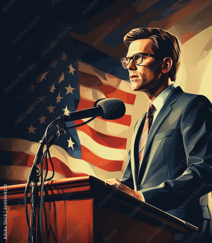 A politician speaks to an audience from the podium. Diplomatic speech, debate, demarche. Concept: Speechwriter, political activity and the will of voters. - obrazy, fototapety, plakaty 