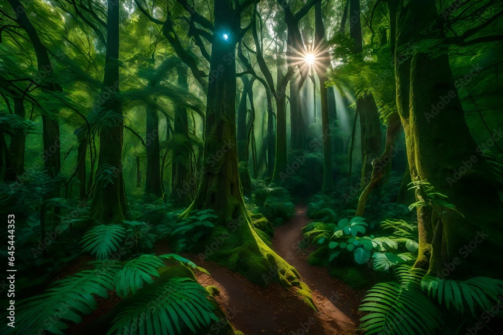 a forest with lish green trees and sunlight. AI Generative