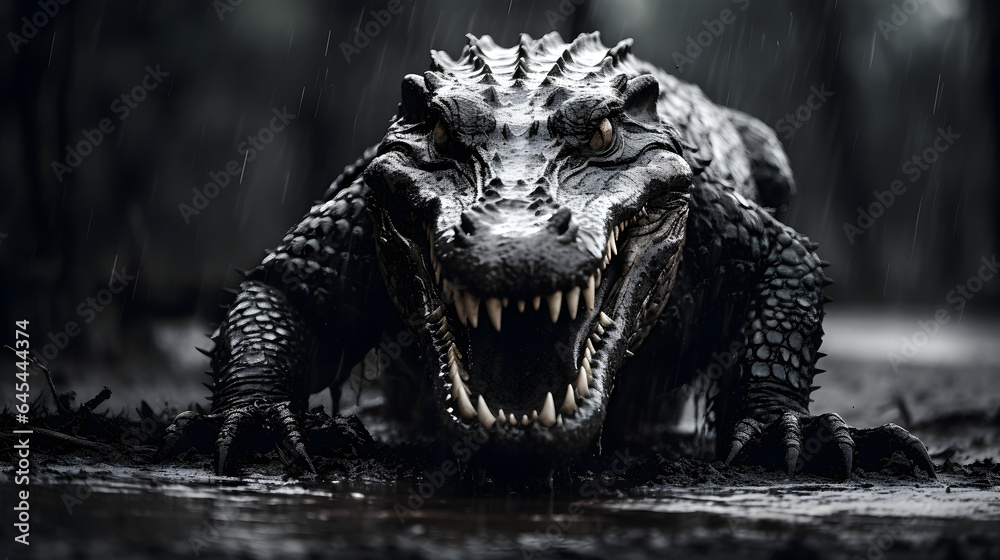 Fototapeta premium A large crocodile in the rain, staring boldly