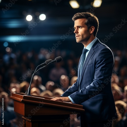 A politician speaks to an audience from the podium. Diplomatic speech, debate, demarche. Concept: Speechwriter, political activity and the will of voters.