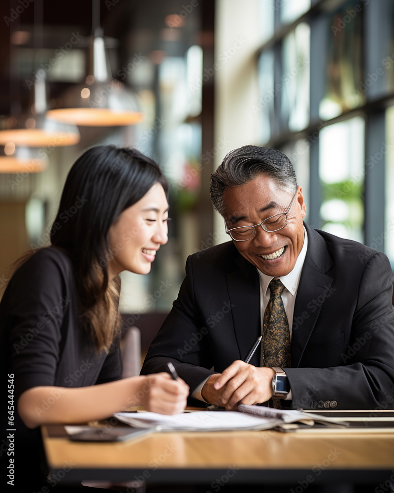 Two people from diverse ethnic and cultural backgrounds, dressed in business suits, engage in a joyful discussion about future business collaborations. Ideal for themes of diversity in the workplace.