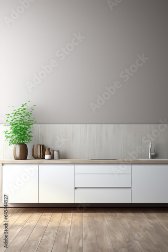 A sleek and innovative white kitchen with minimalistic design elements showcasing a background with empty space for text 