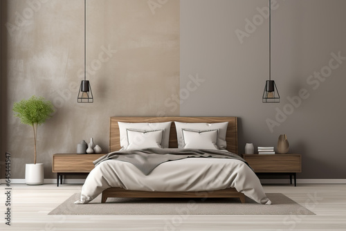 A sleek and monochromatic bedroom with minimalist furniture and clean lines background with empty space for text  © fotogurmespb
