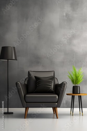 A sleek black armchair against a grayscale gradient backdrop showcasing the elegance and simplicity of a minimalist living room design 