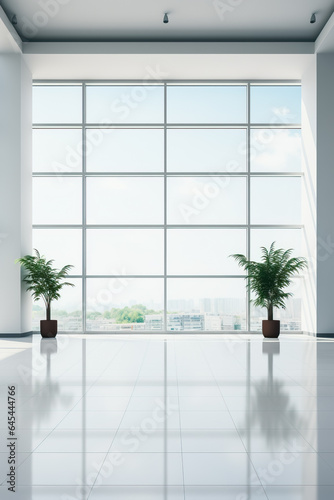 A sleek white office space with minimalist furniture and large windows background with empty space for text 