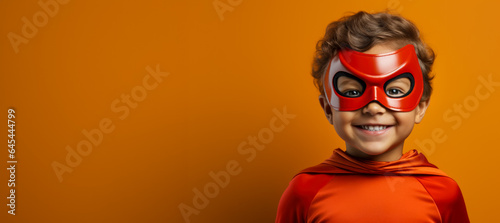 Child in the adventurous costume of a superhero isolated on a vivid background with a place for text 