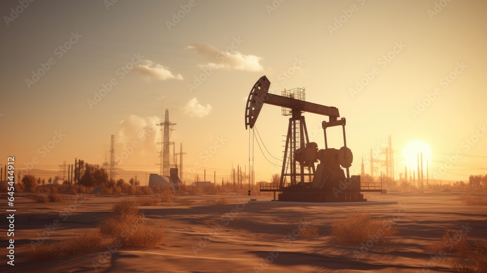 Oil pump rig energy industrial machine for petroleum on sunset background