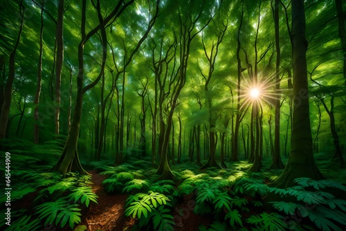 a forest with lish green trees and sunlight. AI Generative