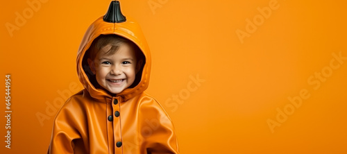 Child in the whimsical costume of a pumpkin isolated on a vivid background with a place for text 