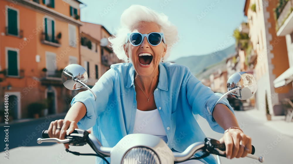 Happy elderly woman riding blue scooter in Italy, retired granny enjoying summer vacation, trendy bike road trip