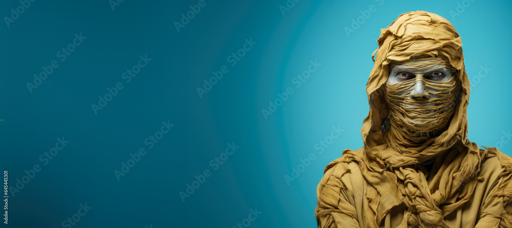 Man in the classic costume of a mummy isolated on a vivid background with a place for text Man in the classic costume of a mummy isolated on a vivid background with a place for text