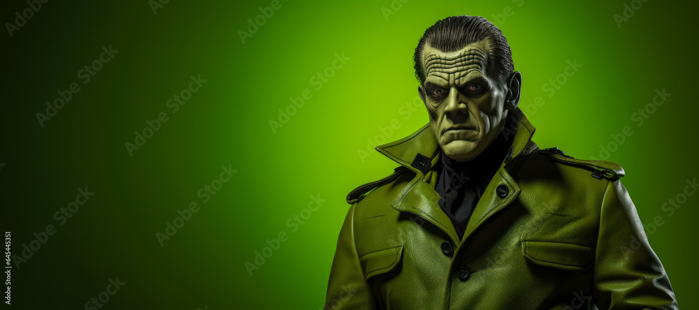 Man in the iconic costume of a Frankenstein's monster isolated on a vivid background with a place for text Man in the iconic costume of a Frankenstein's monster isolated on a vivid background with a place for text
