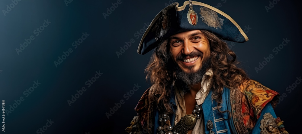 Man in the whimsical costume of a pirate isolated on a vivid background with a place for text 