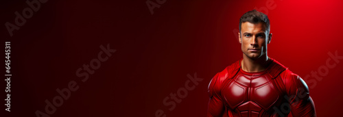 Man in the daring costume of a superhero isolated on a vivid background with a place for text 