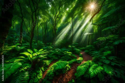 a forest with lish green trees and sunlight. AI Generative