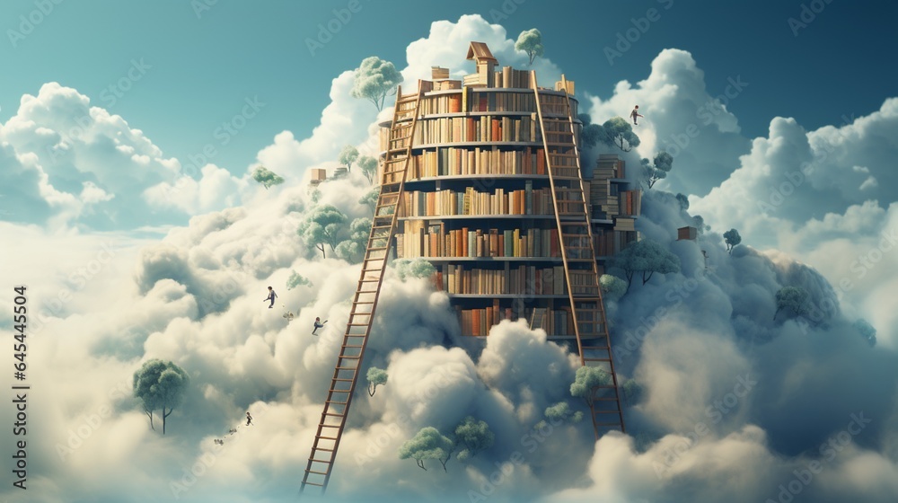 A book ladder is on top of a cloud and the sky is blue. - obrazy, fototapety, plakaty 