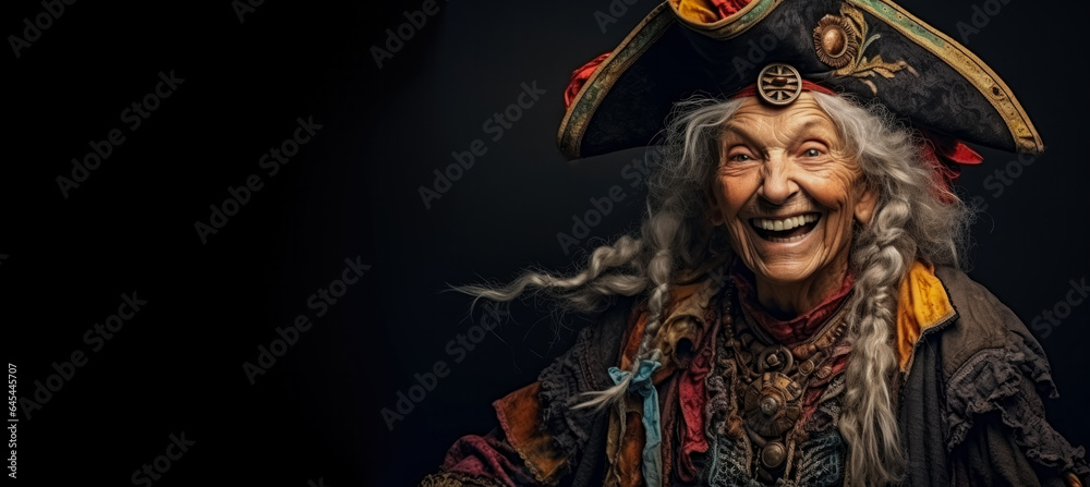 Naklejka premium Old woman in the whimsical costume of a pirate isolated on a vivid background with a place for text