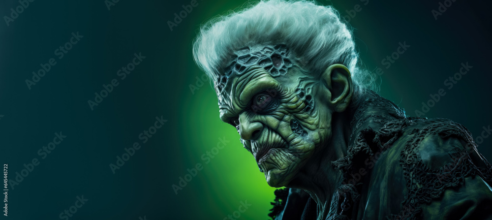 Old woman in the iconic costume of a monster isolated on a vivid background with a place for text Old woman in the iconic costume of a monster isolated on a vivid background with a place for text