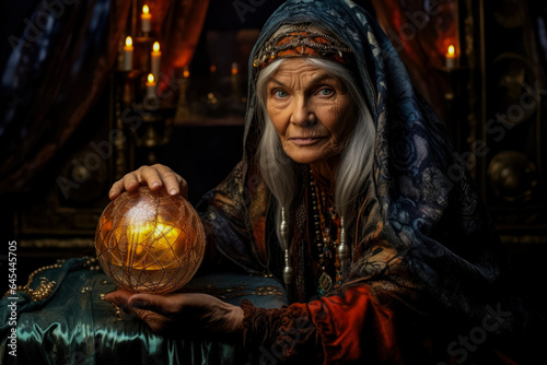 Old woman in the mystical costume of a fortune teller isolated on a vivid background with a place for text 