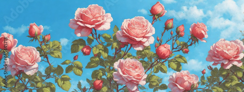 Beautiful spring border, blooming rose bush on a blue background.