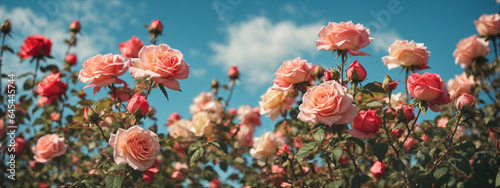 Beautiful spring border, blooming rose bush on a blue background.