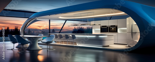 Sleek lines high-tech appliances and a serene color palette define the minimalist futuristic kitchen of tomorrow 