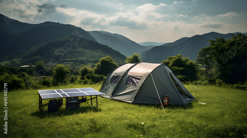Solar tent in a lush green mountain landscape
