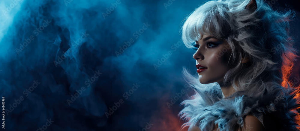 Woman in the eerie costume of a werewolf isolated on a vivid background with a place for text 