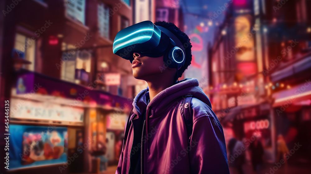 Young child boy with VR headset exploring metaverse, playing an exciting game in neon cyberpunk city street set up, immersive futuristic virtual reality experience