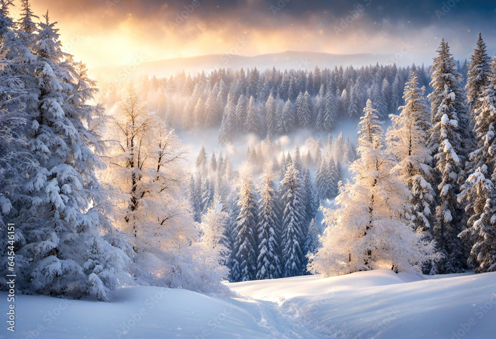 Winter view of falling snow and snow covered trees, festive magical winter background.