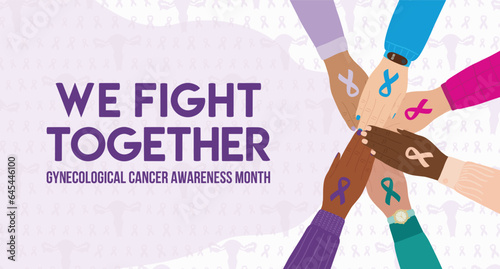 Gynecological Cancer Awareness Month illustration. Main types of cancer cervical, ovarian, uterine, vaginal and vulvar. Teal, purple cancer ribbons. Cancer prevention, women health care poster