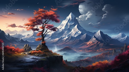A digital painting of a mountain with a colorful tree in the foreground.