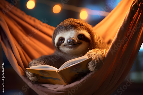 Cute Sloth Enjoying a Book in a Hammock - Generative AI